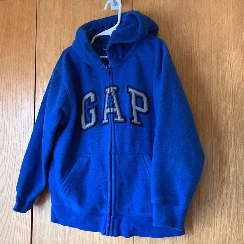 GAP Kids Small 6 - 7 fleece hoodie royal blue reflective silver logo black EUC